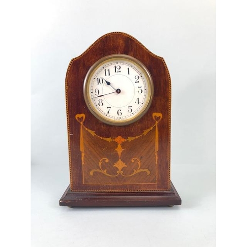 173 - Antique Clocks, Two Edwardian wooden cased mantel clocks, both inlaid with typical marquetery work d... 