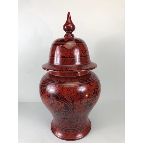 176 - Oriental lacquer ware, Indonesian red and black lacquer lidded urn ,decorated with flowers tendrils ... 