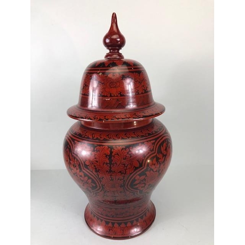 176 - Oriental lacquer ware, Indonesian red and black lacquer lidded urn ,decorated with flowers tendrils ... 