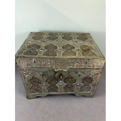 180 - Dowry chest, highly decorated middle eastern  chest panels of white metal and brass inlaid with semi... 