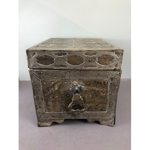 180 - Dowry chest, highly decorated middle eastern  chest panels of white metal and brass inlaid with semi... 