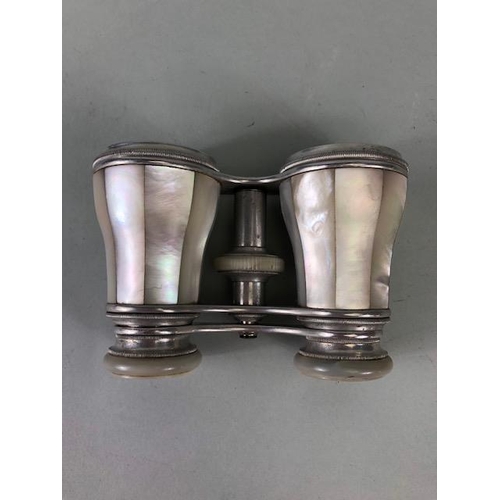 185 - Vintage Opera or Theatre glasses two pairs one white metal the other brass, both inlaid with Mother ... 