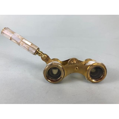 185 - Vintage Opera or Theatre glasses two pairs one white metal the other brass, both inlaid with Mother ... 