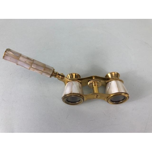 185 - Vintage Opera or Theatre glasses two pairs one white metal the other brass, both inlaid with Mother ... 