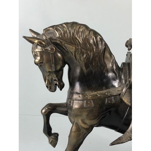 191 - French Silvered metal statue of Joan of Arc riding in to battle carrying a guidon signed to base C H... 