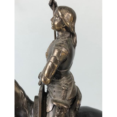 191 - French Silvered metal statue of Joan of Arc riding in to battle carrying a guidon signed to base C H... 