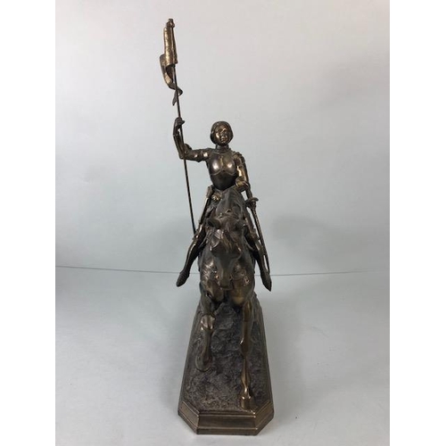 191 - French Silvered metal statue of Joan of Arc riding in to battle carrying a guidon signed to base C H... 