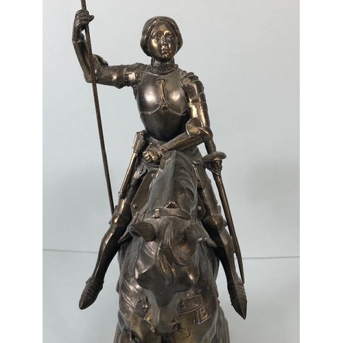 191 - French Silvered metal statue of Joan of Arc riding in to battle carrying a guidon signed to base C H... 