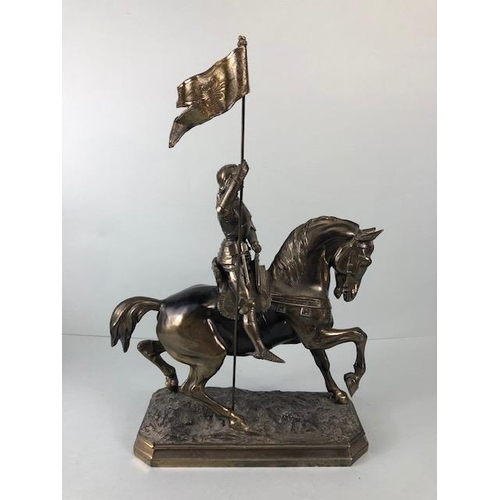 191 - French Silvered metal statue of Joan of Arc riding in to battle carrying a guidon signed to base C H... 