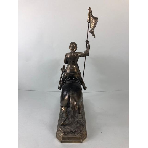 191 - French Silvered metal statue of Joan of Arc riding in to battle carrying a guidon signed to base C H... 