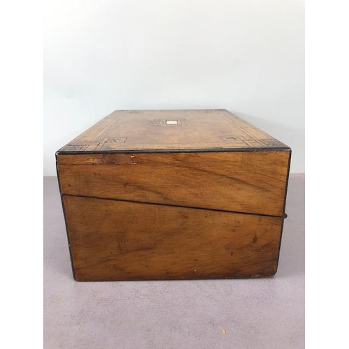 201 - Antique 19th century wooden tea caddy, a marquetery inlaid writing box and a wooden marquetery work ... 