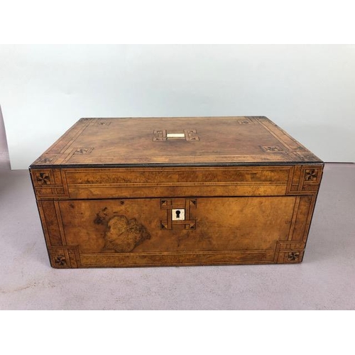 201 - Antique 19th century wooden tea caddy, a marquetery inlaid writing box and a wooden marquetery work ... 