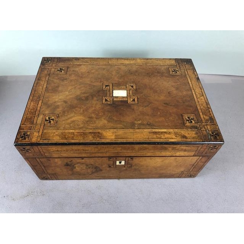 201 - Antique 19th century wooden tea caddy, a marquetery inlaid writing box and a wooden marquetery work ... 