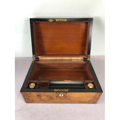 201 - Antique 19th century wooden tea caddy, a marquetery inlaid writing box and a wooden marquetery work ... 