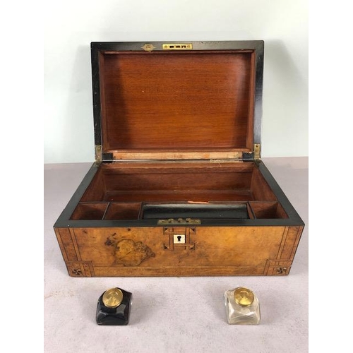 201 - Antique 19th century wooden tea caddy, a marquetery inlaid writing box and a wooden marquetery work ... 