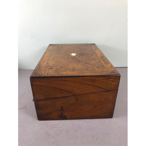 201 - Antique 19th century wooden tea caddy, a marquetery inlaid writing box and a wooden marquetery work ... 