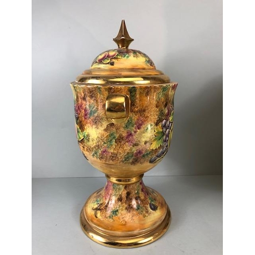 202 - Decorators interest, a Pair of Large Baroness China lidded Urns decorated with paintings of fruit an... 