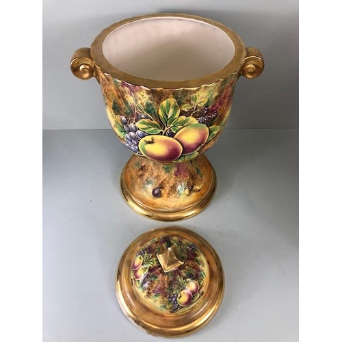 202 - Decorators interest, a Pair of Large Baroness China lidded Urns decorated with paintings of fruit an... 