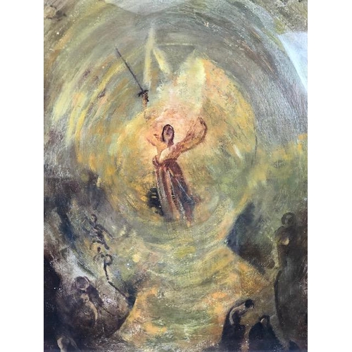 203 - Impressionist style oil panting of St Michael smiting the sinners in a gilded and glazed frame appro... 