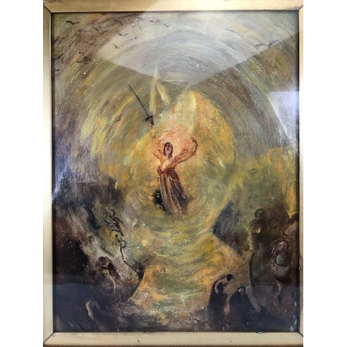 203 - Impressionist style oil panting of St Michael smiting the sinners in a gilded and glazed frame appro... 