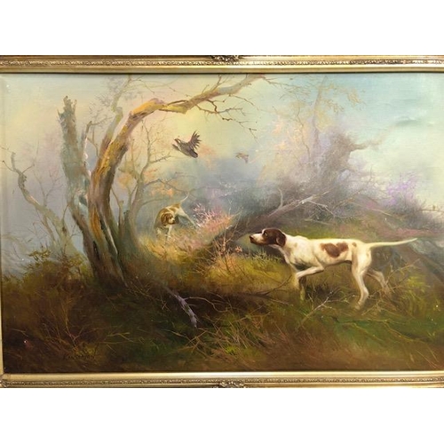 206 - Paintings, Vintage Oil on Canvas study of two pointer dogs amidst woodland  setting up birds for the... 