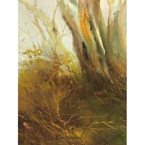 206 - Paintings, Vintage Oil on Canvas study of two pointer dogs amidst woodland  setting up birds for the... 