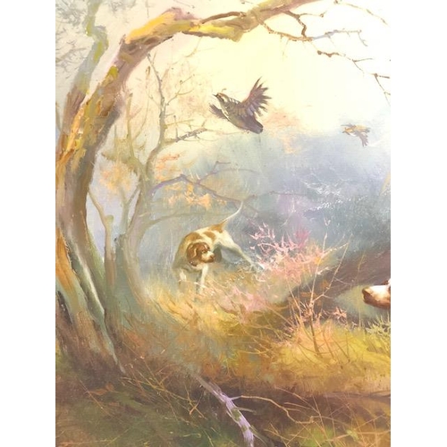 206 - Paintings, Vintage Oil on Canvas study of two pointer dogs amidst woodland  setting up birds for the... 