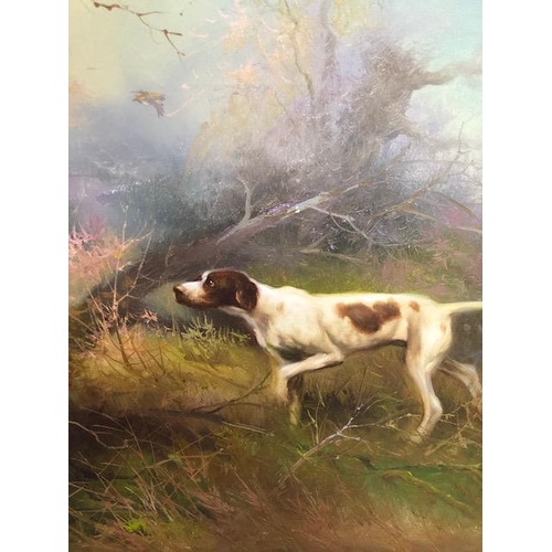 206 - Paintings, Vintage Oil on Canvas study of two pointer dogs amidst woodland  setting up birds for the... 