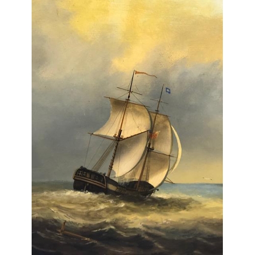 211 - Maritime Painting, oil painting on wood of a ship off the English coast in a Maple frame approximate... 