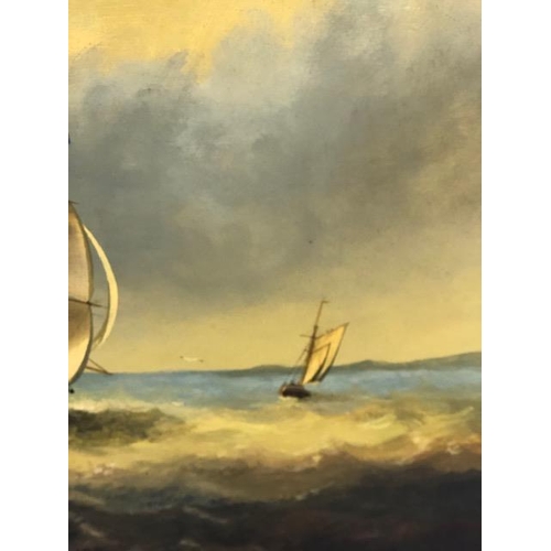 211 - Maritime Painting, oil painting on wood of a ship off the English coast in a Maple frame approximate... 