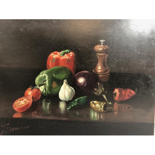 212 - Paintings, Italian Oil on canvas still life study of vegetables on a kitchen table, signed T Barrasa... 