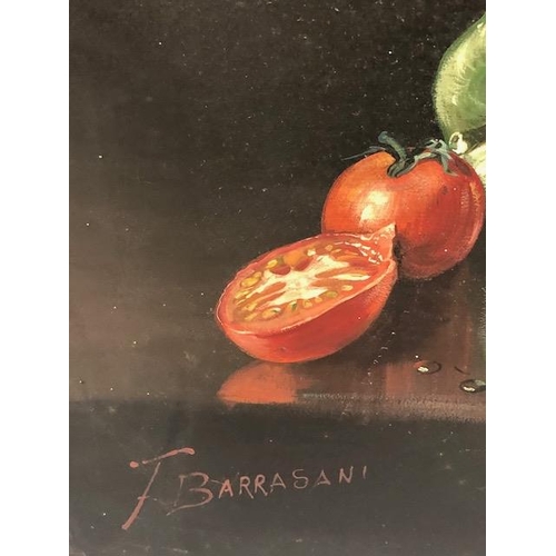 212 - Paintings, Italian Oil on canvas still life study of vegetables on a kitchen table, signed T Barrasa... 