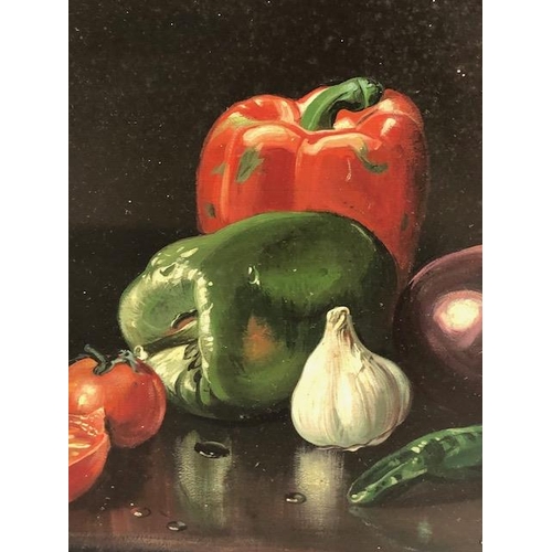 212 - Paintings, Italian Oil on canvas still life study of vegetables on a kitchen table, signed T Barrasa... 