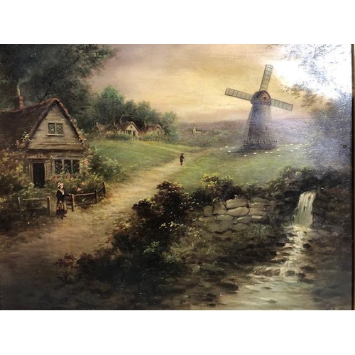 213 - Paintings, Oil painting on Canvas of a country scene depicting a cottage and windmill, signed F T WE... 