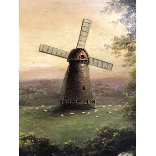 213 - Paintings, Oil painting on Canvas of a country scene depicting a cottage and windmill, signed F T WE... 