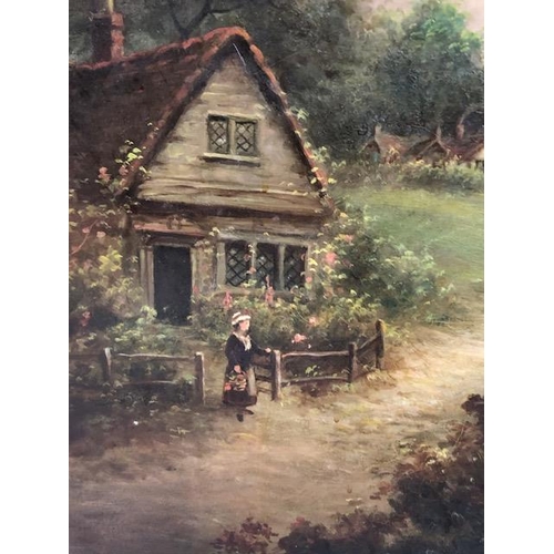 213 - Paintings, Oil painting on Canvas of a country scene depicting a cottage and windmill, signed F T WE... 