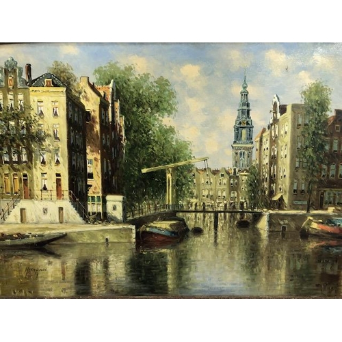 214 - Paintings , Oil on canvas of a Dutch Canal scene signed in bottom left HEEN HOVEN, in decorative gil... 