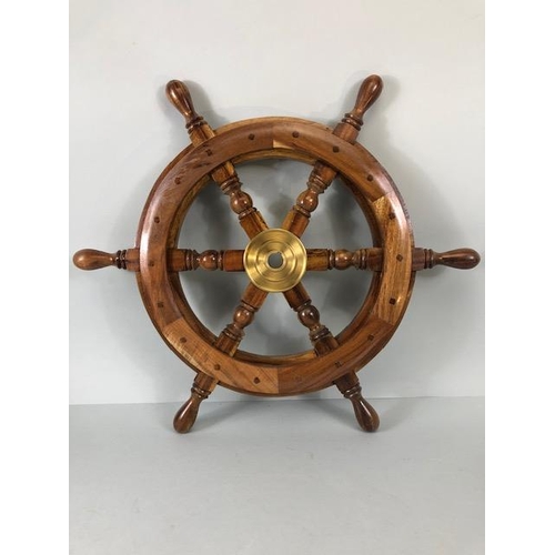 226 - Nautical interest, wooden and brass mounted ships wheel approximately 49cm across and a 3 drawer bra... 