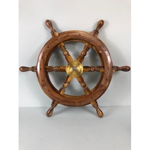 226 - Nautical interest, wooden and brass mounted ships wheel approximately 49cm across and a 3 drawer bra... 