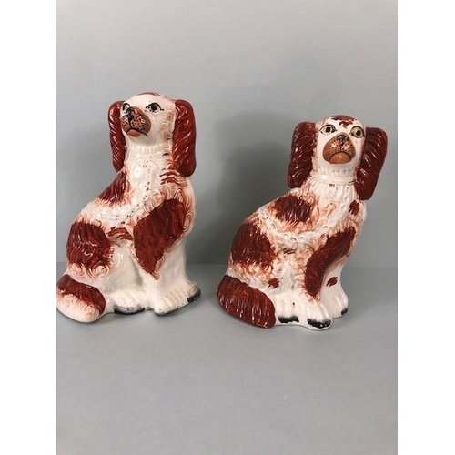 228 - Staffordshire pottery , two flat back mantel houses a Ram spill holder, and a pair of King Charles S... 