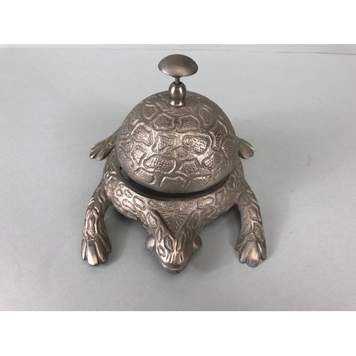 230 - Frog Collectables, Cast white metal table bell in the shape of a frog approx 16cm and a porcelain tr... 