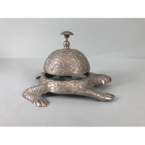 230 - Frog Collectables, Cast white metal table bell in the shape of a frog approx 16cm and a porcelain tr... 