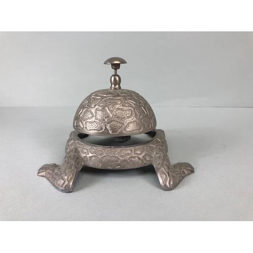 230 - Frog Collectables, Cast white metal table bell in the shape of a frog approx 16cm and a porcelain tr... 