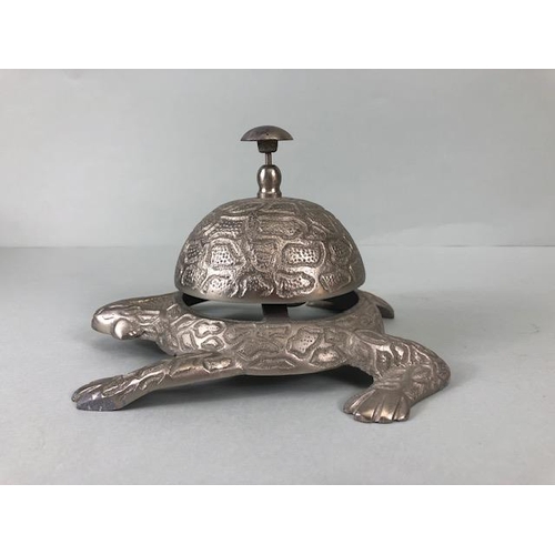 230 - Frog Collectables, Cast white metal table bell in the shape of a frog approx 16cm and a porcelain tr... 