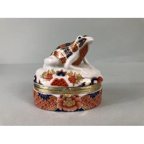 230 - Frog Collectables, Cast white metal table bell in the shape of a frog approx 16cm and a porcelain tr... 