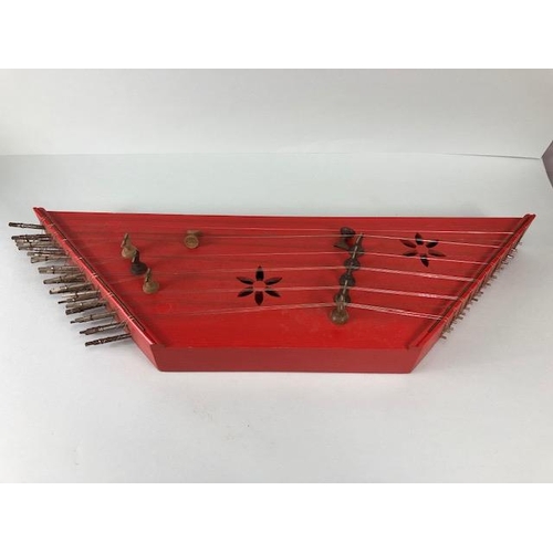 238 - Vintage Zither, Chinese small size Zither with red lacquer finish approximately 60cm with case