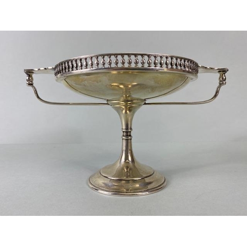 24 - Silver sweet meat dish or Tazza with twin handles and pierced edges on a stepped pedestal base Hallm... 