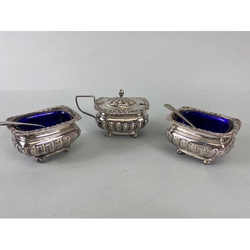 46 - Silver Hallmarked Salts with Blue glass liners and a lidded mustard pot in presentation bod with spo... 