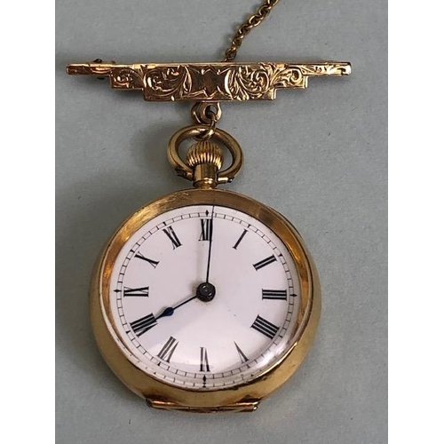 62 - 18k OMEGA fob watch, cased diameter, 26mm, with a 9ct gold suspension brooch total weight approx 20.... 