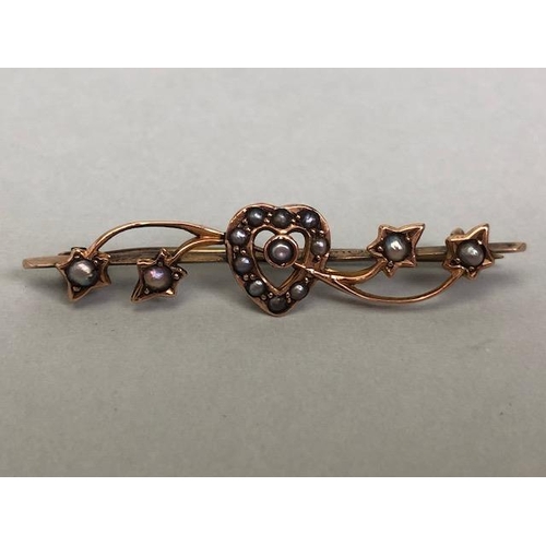 82 - 9ct Gold Sweetheart Brooch set with seed pearls (2.4g) and two other brooches both A/F